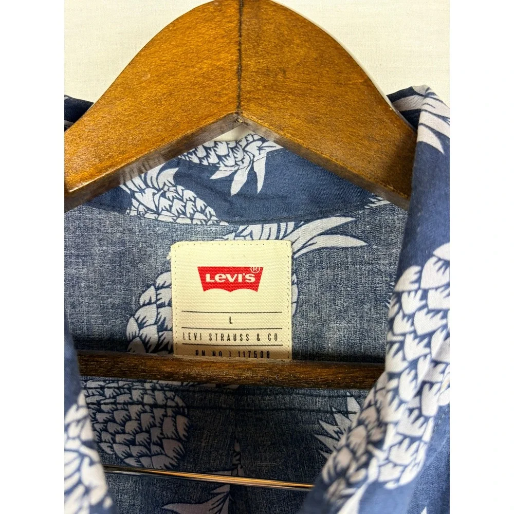 Levis Mens Pineapple Print Button Up Shirt Navy Blue Short Sleeve Cotton‎ Large